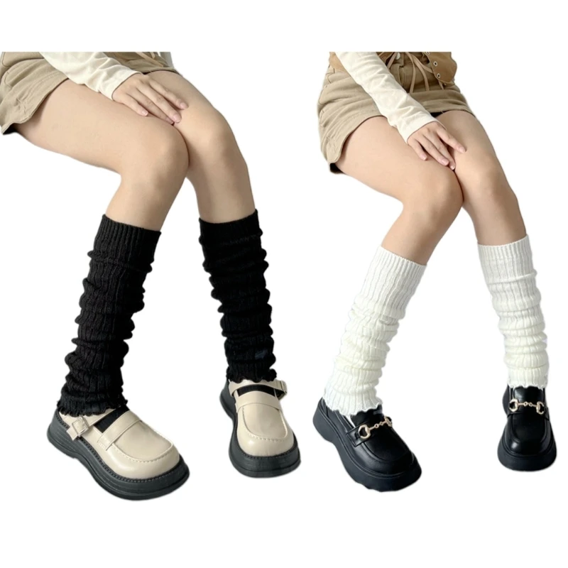 

Women Student Ribbed Knitted Ruffled Hem Pleated Stretch Leg Warmers Long Socks