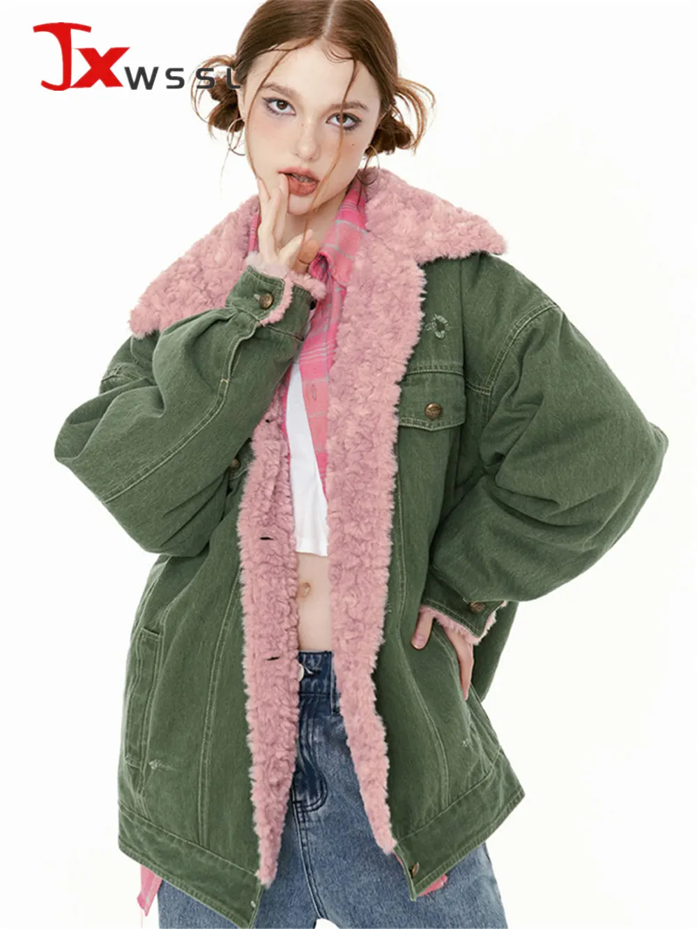 

Lamb Wool Cashmere Denim Jacket Women 2023 New Fashion Contrast Color Winter Warm Cotton Coat Trend Female Army Green Overcoat