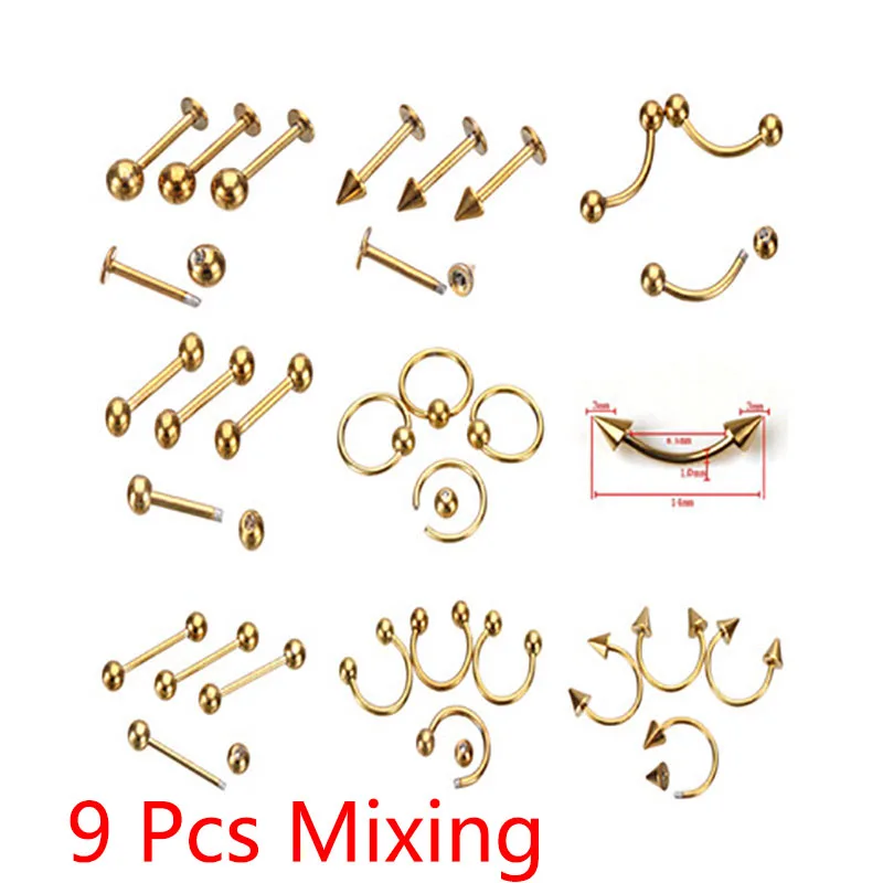 

9Pcs/Set Anti Allergy Lingual Nail/Lip Nail/Navel Ring/Eyebrow Nail/Breast Ring Personality Piercing Jewelry