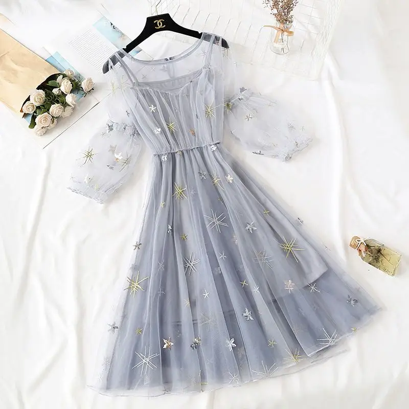 Two-Piece Sling Mesh Dress 2023 Summer New Half Sleeve Waist Trimming Slimming Skirt Fairy Temperamental Fairy Dress