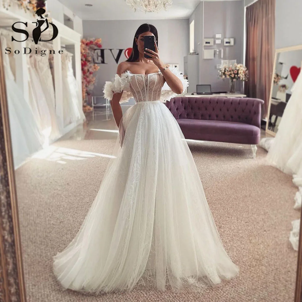 

SoDigne Ivory Wedding Dresses For Women Off The Shoulder Corset Pleat Bride Dresses 3D Flower Wedding Gowns vestidos de novia