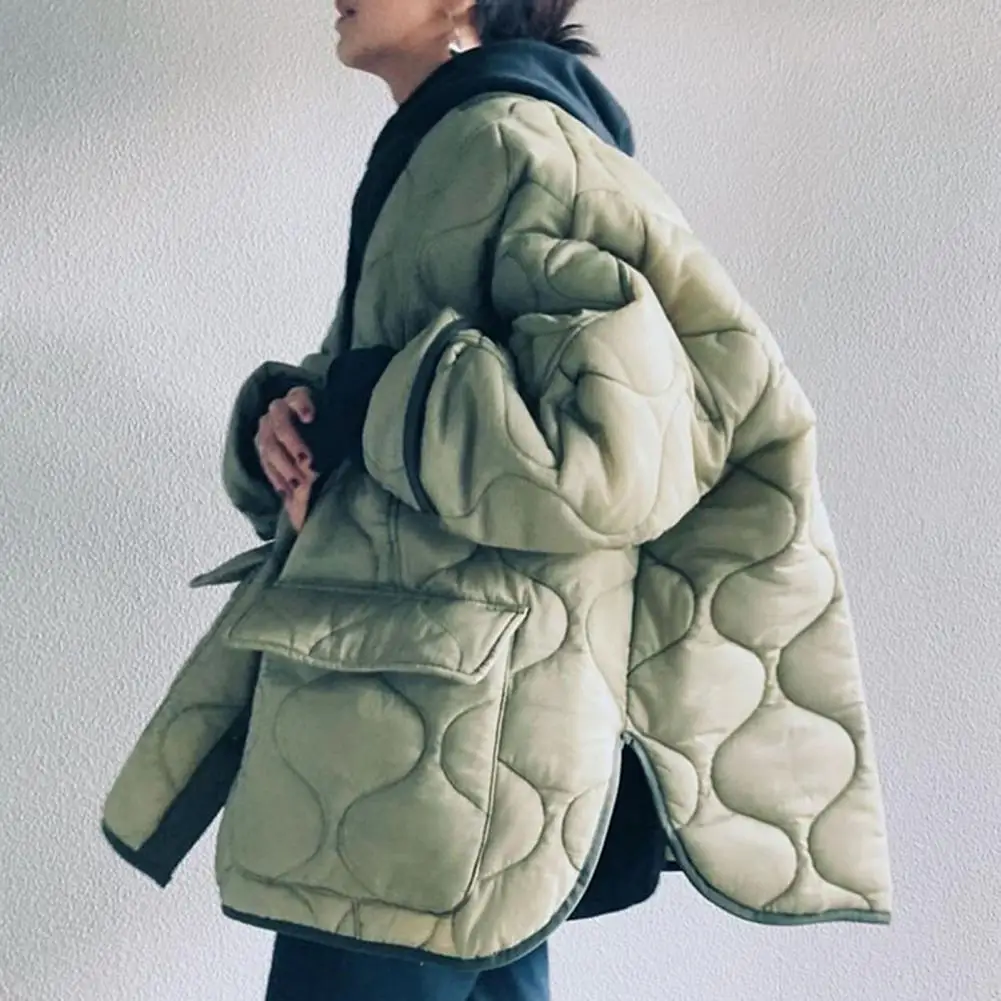 Quilted Jacket Outwear Women Flap Pockets Round Neck Long Sleeve Slit Loose Fit Jacket Outwear for Winter