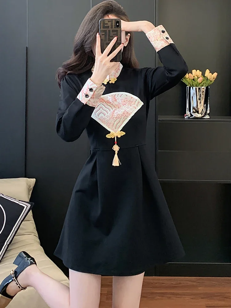 Женское винтажное платье в Корейском стиле Осеннее черное лоскутное короткое с