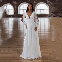 2022 sexy v neck chiffon wedding dress for women long sleeves sweep train bridal gown open back vestido de novia for women