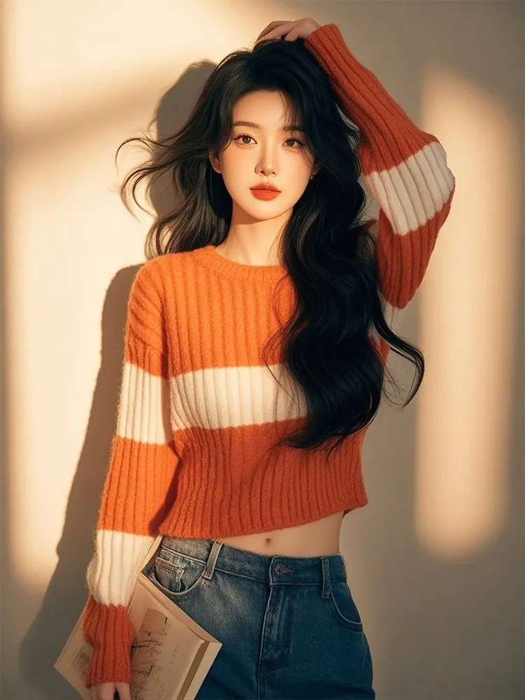 Super Nice Orange Striped sweater Women 2024 Autumn and Winter New Loose Idle Sle Short Western Knitted Top Clothes