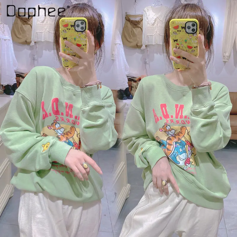 

Korean Style Grass Green Cartoon Printed Pullover Sweatshirt Women's Fall New Loose Fashion Round Neck Long Sleeve Hoodie Coat