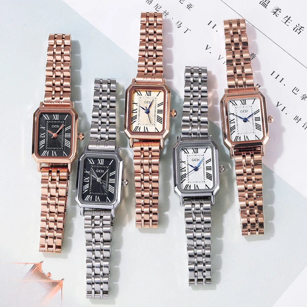 GEDI Fashion Rectangle Silver Stainless Steel Ladies Watch 30m Waterproof Roman Dial Quartz Watch for Women Gifts Dropshipping