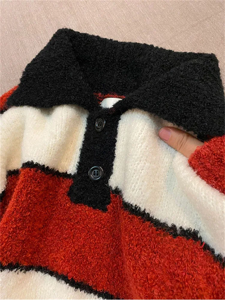 

Женский трикотажный свитер с воротником с лацканами, в полоску, контрастных цветов, винтажный, с длинным рукавом, в Корейском стиле, повседн...