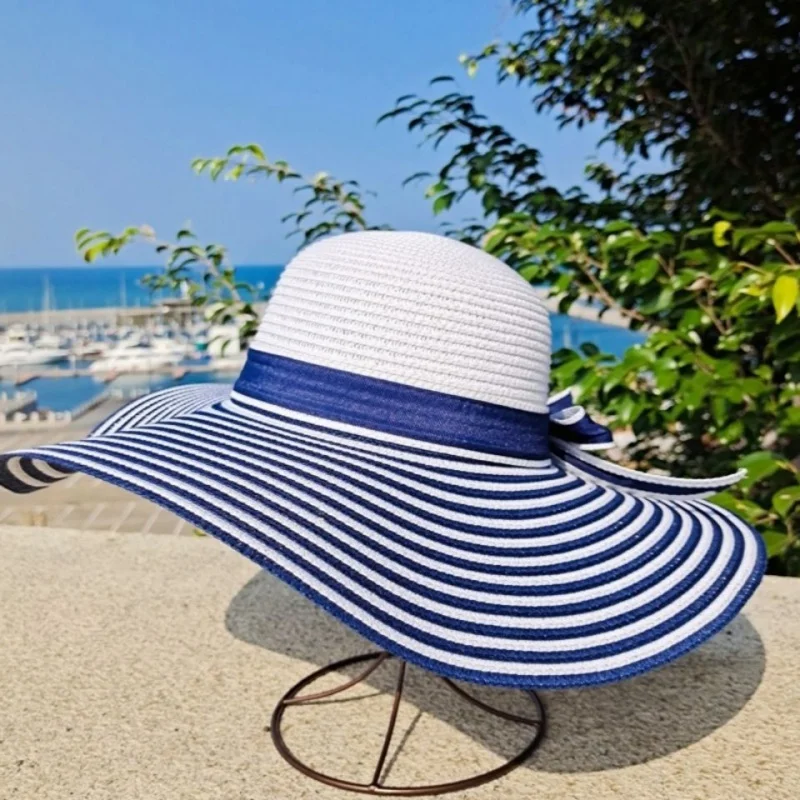

Disney Beach Hat female summer straw hat Sun Visor Hat Sun Visor Hat Hepburn wind blue white stripe large cornice hat