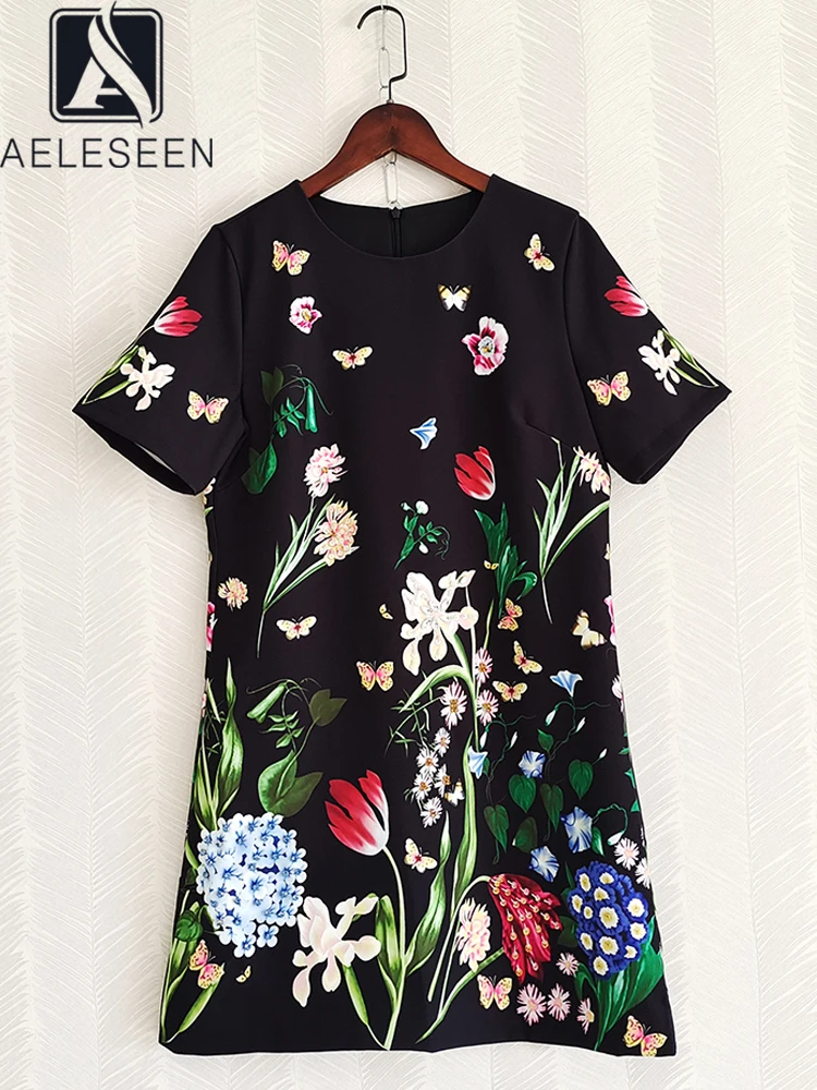 

AELESEEN Women Sicily Summer Dress Designer Fashion Short Sleeve Black Flower Print Butterfly Beading Mini Casual Vacation