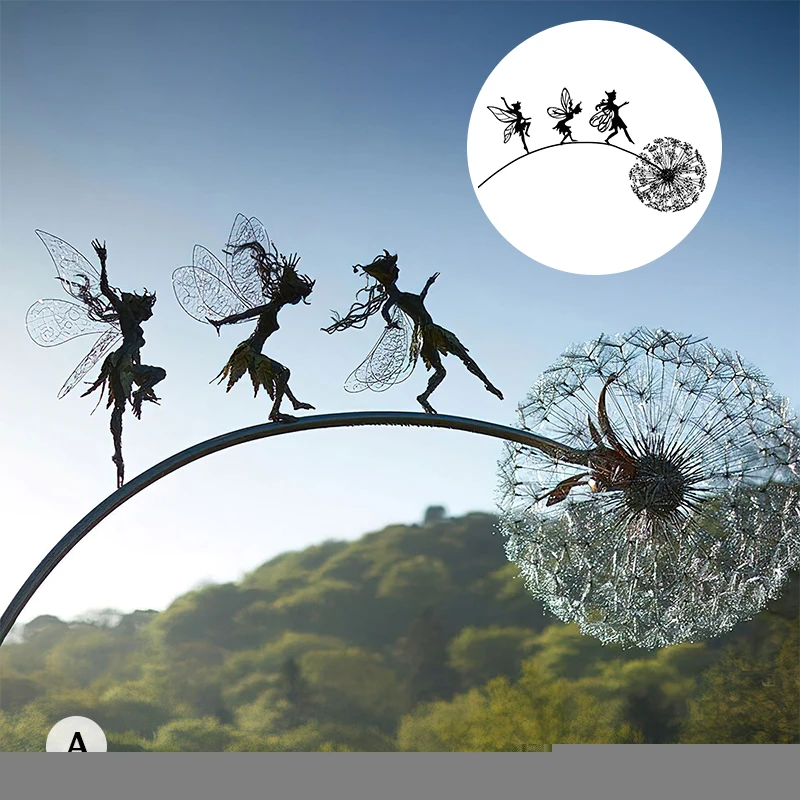 

Dancing Fairy Statue Steel Wires Fairy Elf Dandelion Miniature Sculpture Mythical Garden Figurine Fairies Pixies Yard Decor