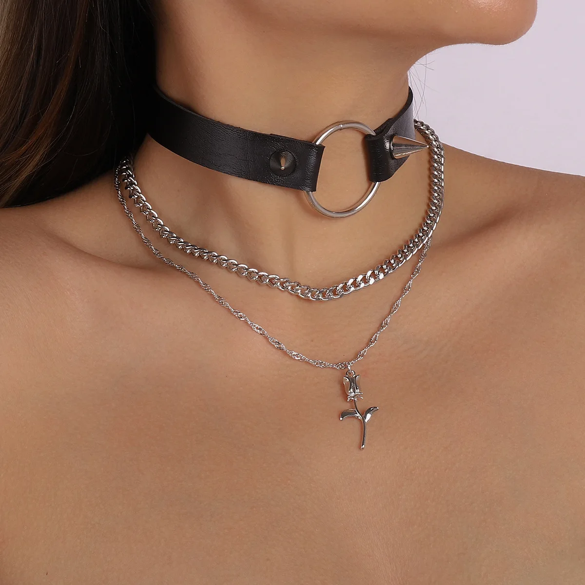 Punk style dark black neck chain leather rivet personalized rock collar exaggerated chain necklace
