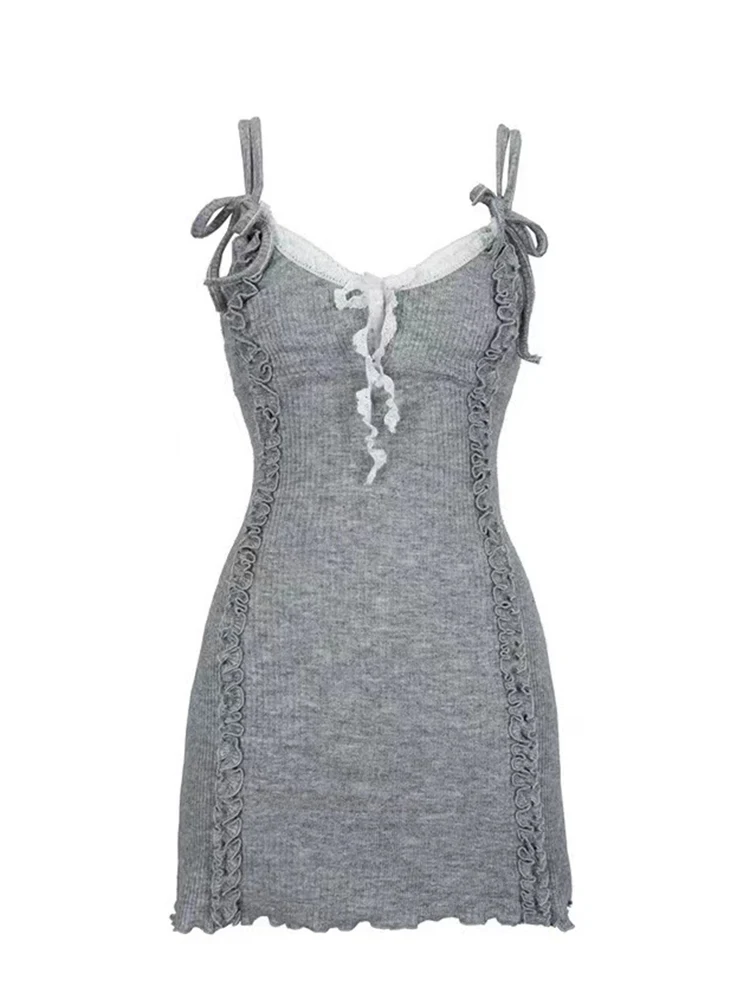 

Женское платье на бретелях-спагетти, серое элегантное соблазнительное кружевное платье без рукавов в стиле Харадзюку, уличная одежда, Y2K, 2023