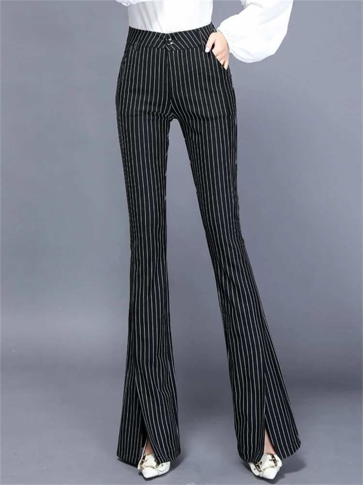 

office workwear summer high waist Women's split up striped Capris suit pants for women skinny flare pants woman trousers black
