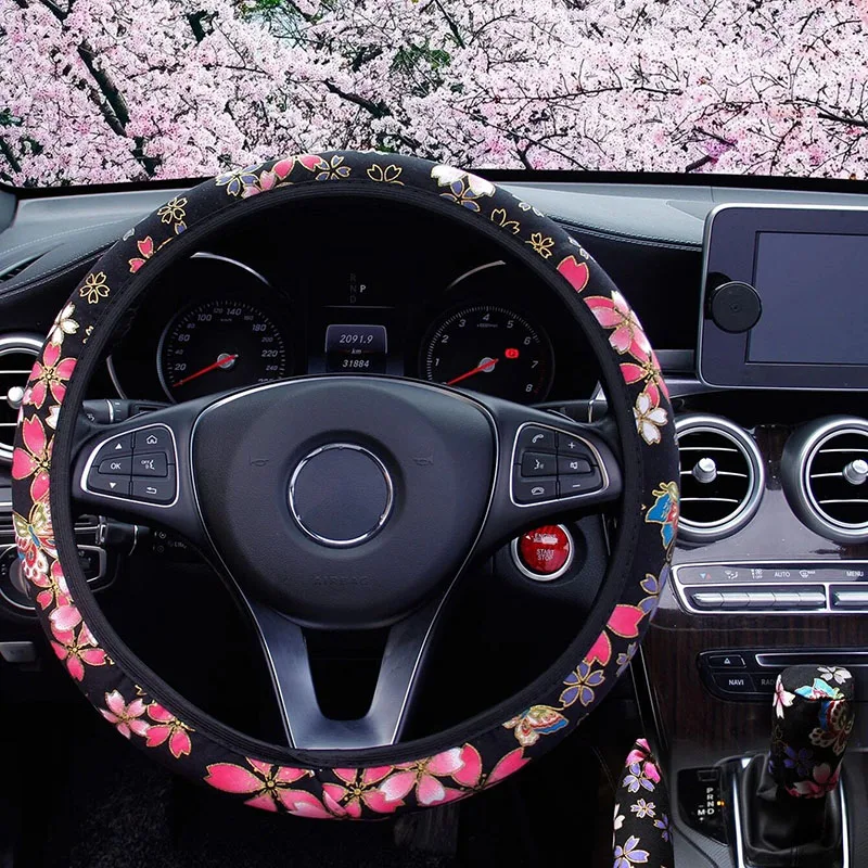 

38CM Car Elastic Steering Wheel Cover Knitted Fabric Cherry Blossom Non-slip Steering Wheel Protective Cover For Car Accessories