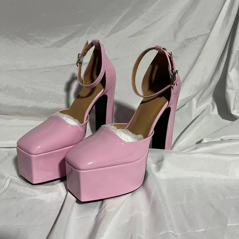 High Heels Sexy Patent Leather Party Shoes New Women's Sandals Thick High Heel Platform Pumps Black Pink Big Size Zapatos Mujer