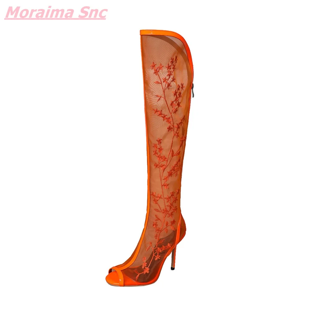Summer Fashion Women Shoes Peep Toe Thin High Heel Solid Embroidery Knee-High Comfortable Back Zipper Casual Shoes Party Hottest