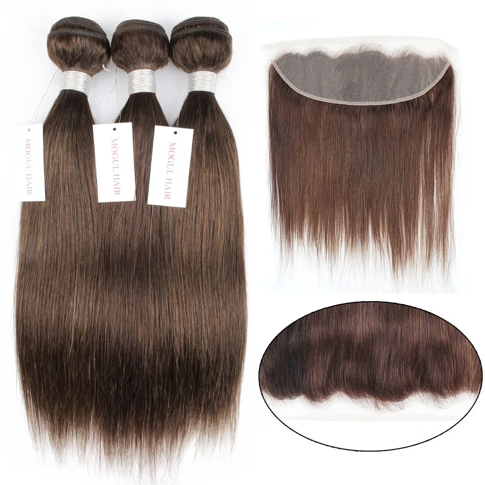 Dark Brown Bundles with Frontal Closure 13x4 Transparent Lace Straight Brazilian Remy Human Hair Extensions MOGULHAIR
