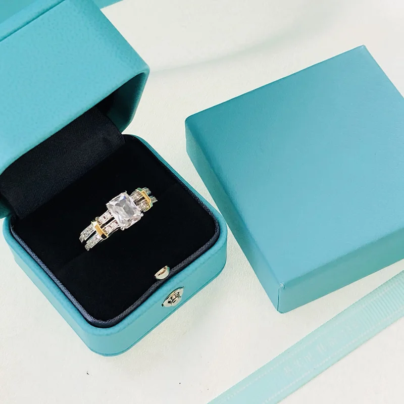 

New s925 sterling silver square diamond double-row ring female fashion personality simple popular luxury brand jewelry gift