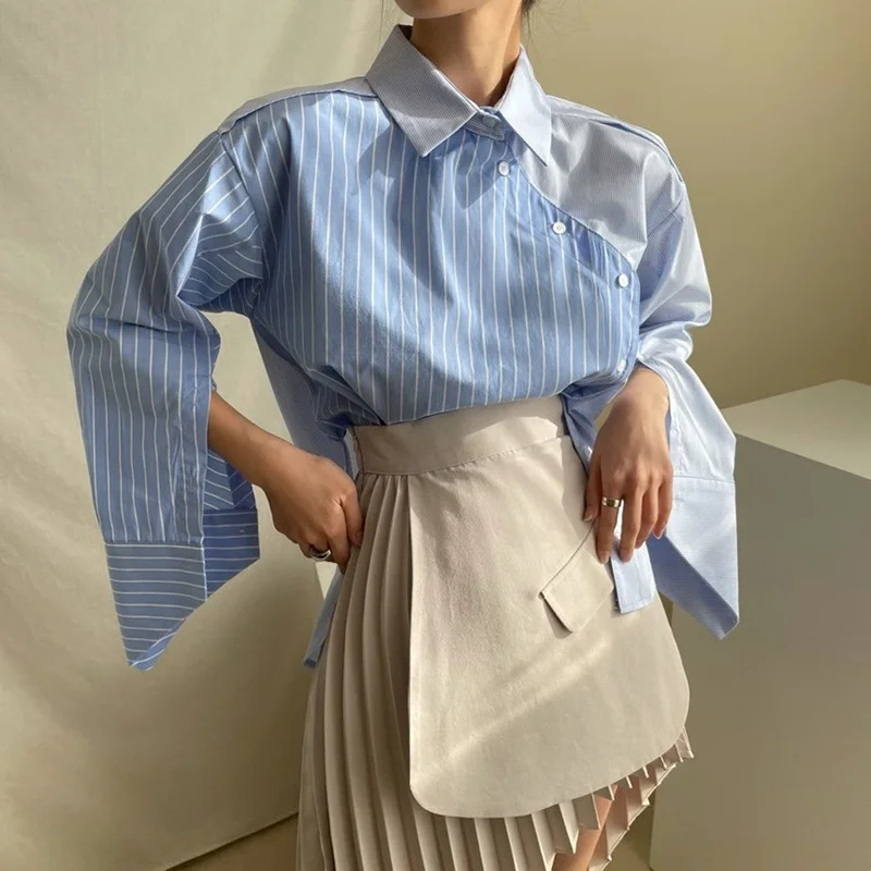 

Женская Асимметричная блузка в полоску, Повседневная рубашка в стиле пэчворк с длинным рукавом, однобортная рубашка с лацканами, осень