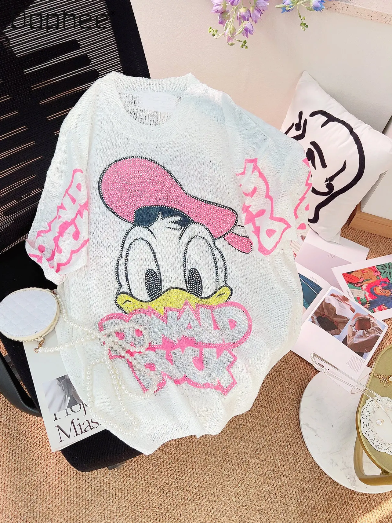 

Kawaii Clothes 2022 Summer New Cartoon Pattern Fashion Short-Sleeve Sweater Top Round Neck Pullover Loose White T-shirt