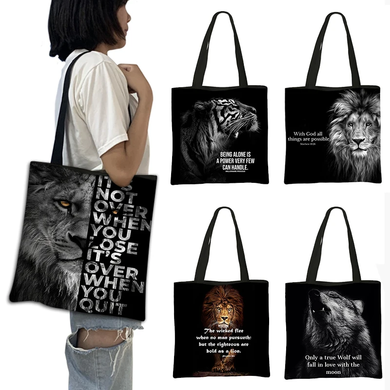 

Ferocious Lion Tiger Bear Printing Handbag Women Alphabetic Animals Shoulder Bags Leisure Shopping Bag Large Capacity Totes Bags
