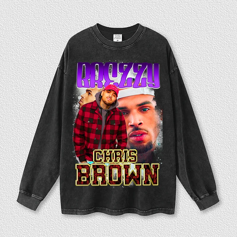 

Harajuku Basic Cotton T Shirt New Digital Direct Injection Print Casual Washed Long Sleeve Tshirt O Neck Fashion Chris Brown Top