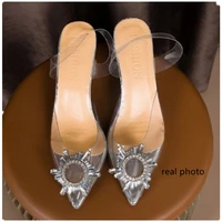 new arrival 2022 womens clear heels shoes crystal rhinestones slingback wedding shoes open pointed toe high heel sandals x0117
