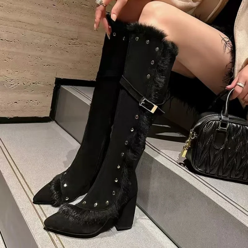 Зимние женские высокие сапоги на меху туфли высоком каблуке зимние с острым