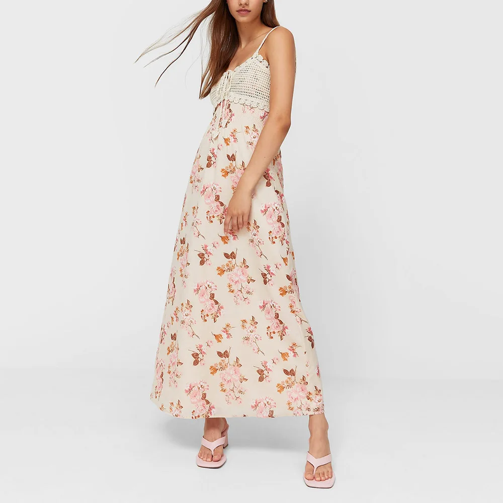 

Women Summer Bohemian Maxi Dress Spaghetti Strap Sleeveless Floral Print Patchwork Hollow Boho Camisole Beach Long Dresses Pink