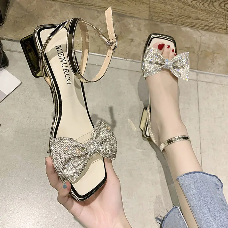 

Women 2021 Summer New Sandals Fashion Rhinestone Bow-Tie Sandals All-match Fang with One Word Buckle High-Heeled Shoes