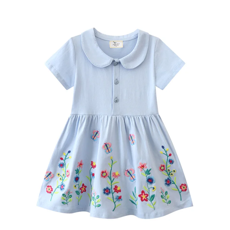 

2023 Girls' Short Sleeve Dress Summer New Product Embroidered Flowers Knitted Cotton Cartoon Doll Neck Princess Dress