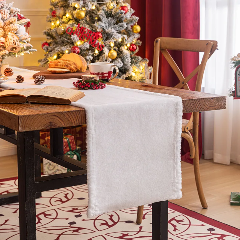 

1 шт. Рождественский белый плюшевый настольный флаг, простое зимнее праздничное украшение для дома, скатерть для стола, скатерти для стола