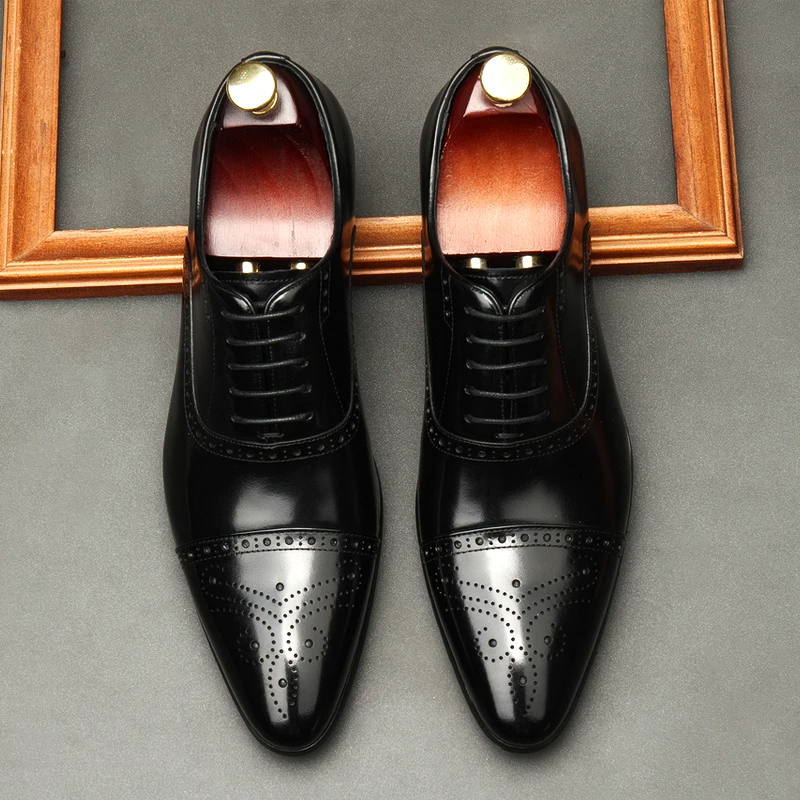 

Formal Italian Design Shoes For Men Pointed Toe Lace Up Business Wedding Shoes Genuine Leather Black Cap Toe Oxford Dress Shoe