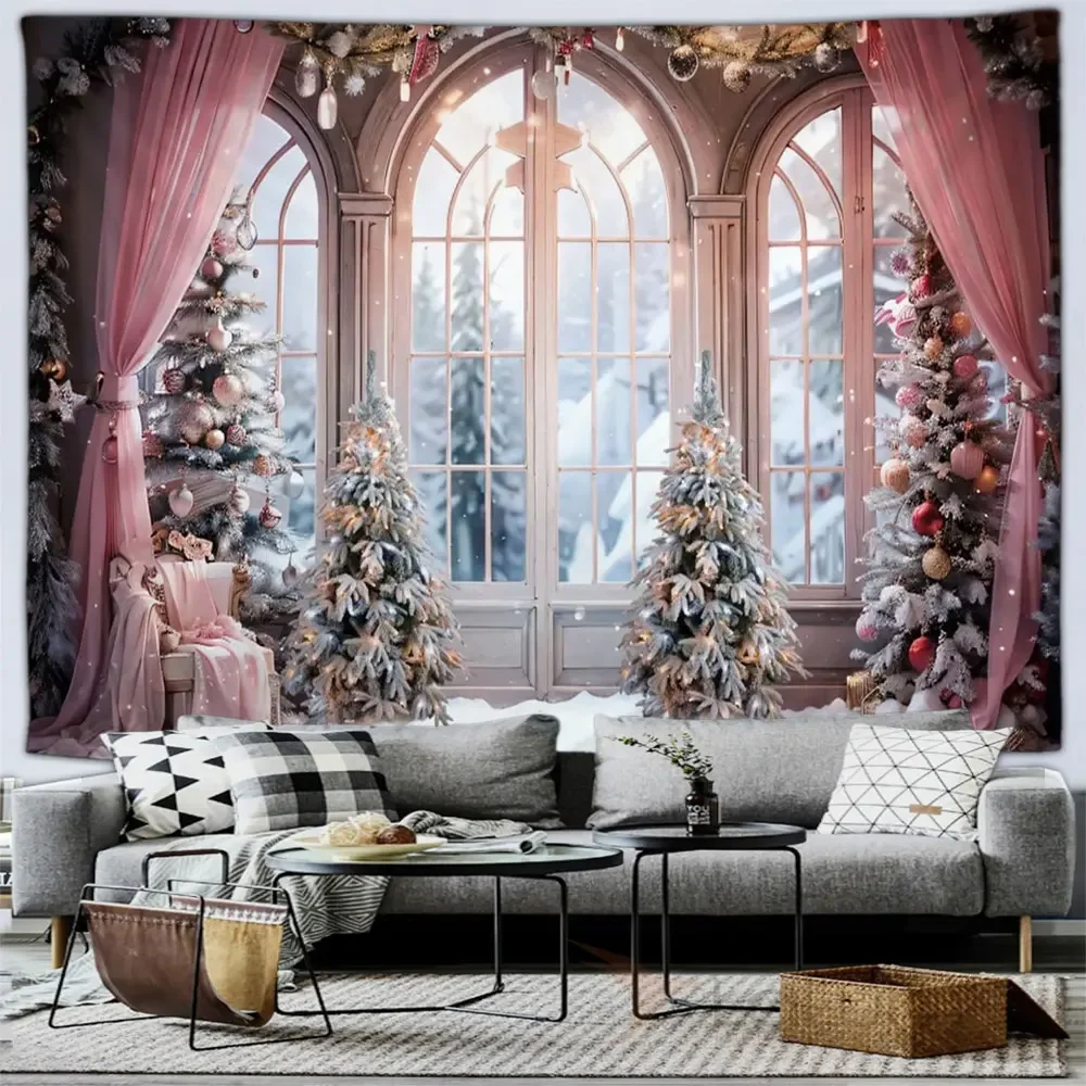

Гобелен для рождественской вечеринки, камин, Рождественская елка и подарки, Снежная сцена, домашнее патио, настенное декоративное одеяло, Фреска для гостиной