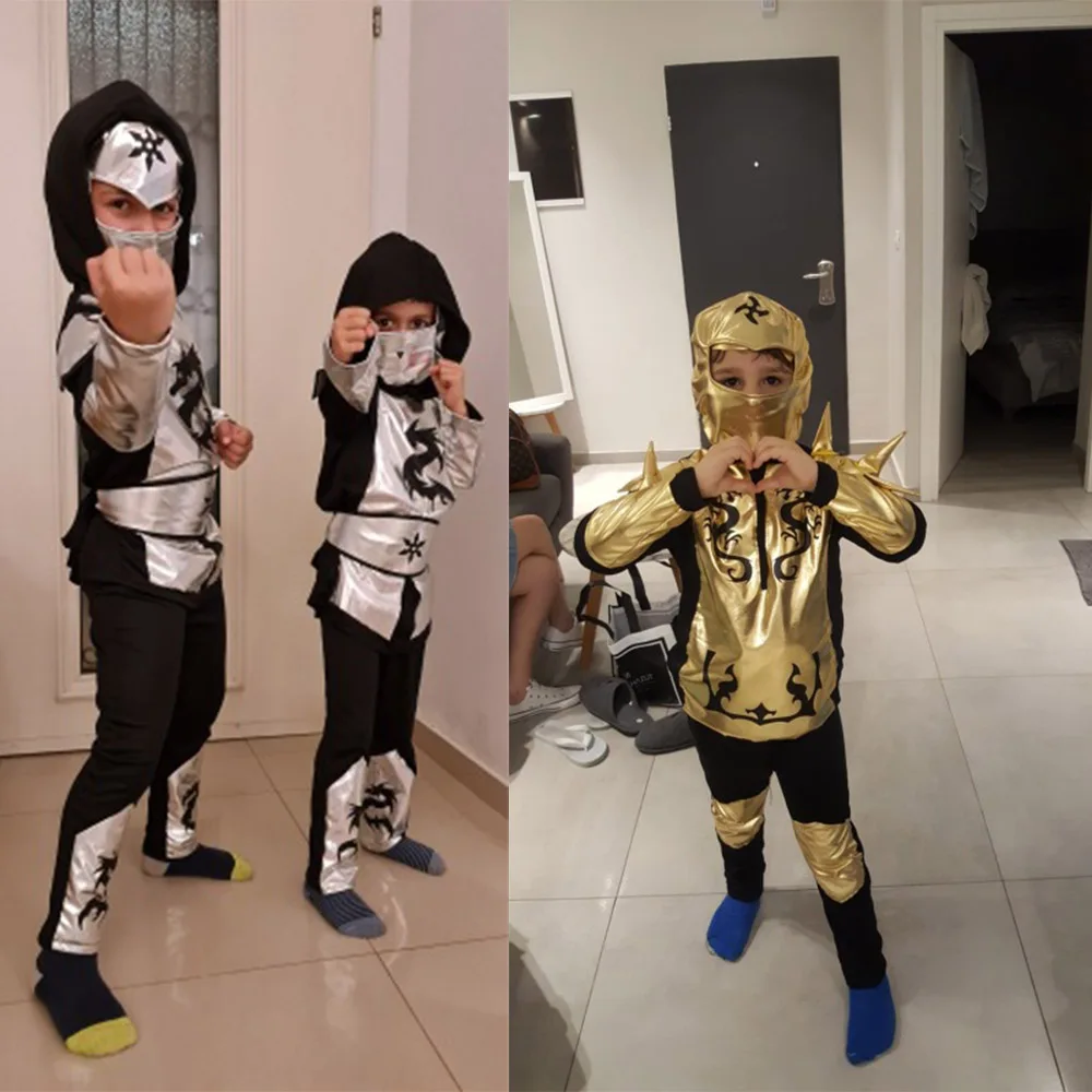 Костюм ниндзя для детей рубашка с капюшоном золотым и серебряным драконом брюки