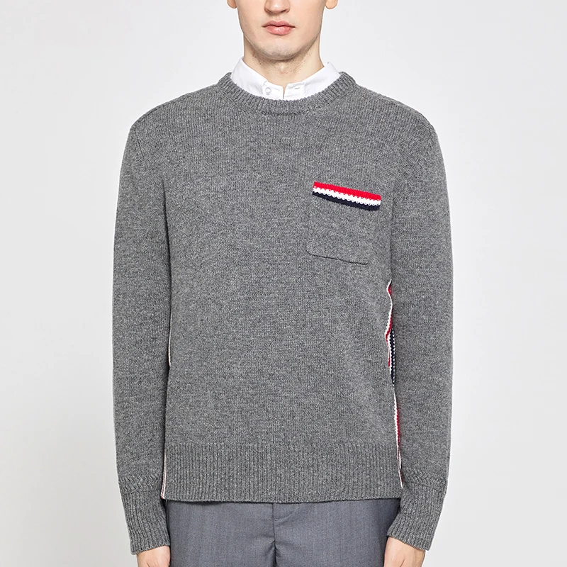 

TB THOM Men Sweater Autumn Winter Soft Warm Jersey Jumper Robe High Quality Pullover V-Neck O-Neck Knitted Sweaters with Pockets