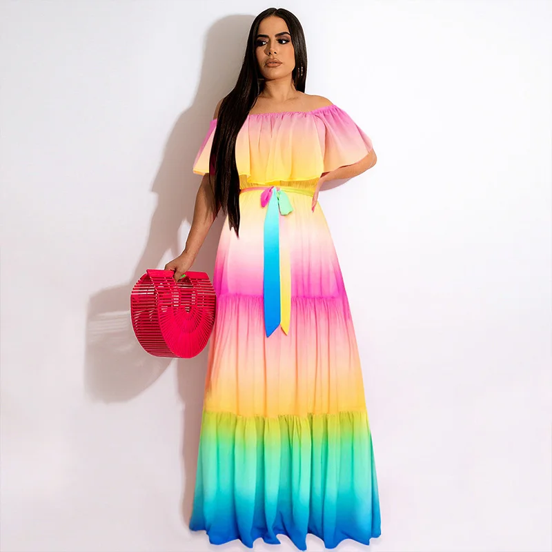 

Ruffles Off the Shoulder Rainbow Color Maxi Dress Women Summer Elegant A-line Floor Length Party Long Dress Clubwear Vestidos