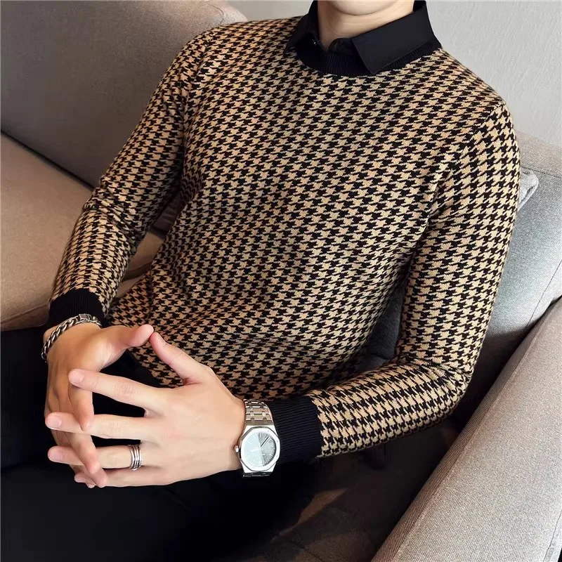 High Quality Knitted Sweater Men Casual Shirt Collar Fake Two Piece Pullovers Slim Fit Sweaters Fashion Plaid Warm Pullover Man