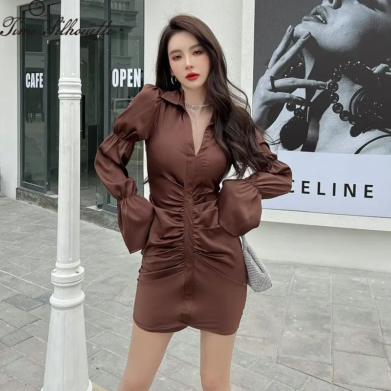 

Женское приталенное платье-рубашка, плиссированное платье с длинным рукавом и запахом, модель L21 на весну, 2022