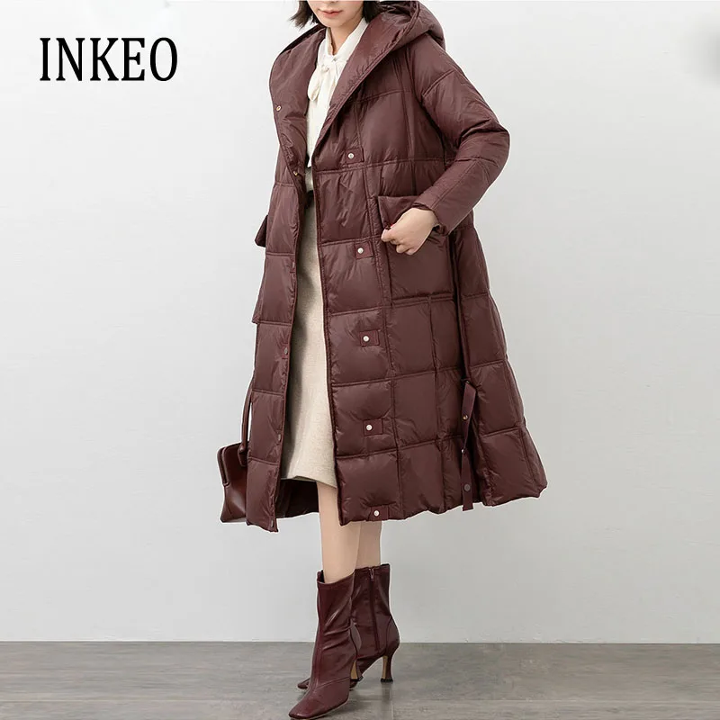 

Women's winter pockets down jacket oversized bright face knee length warm lady coat thicked female clothing fashion INKEO 1O138