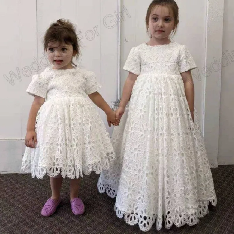 

Lovely Ivory Lace Flower Girl Dresses for Wedding Princess High Waist Toddler Pretty Pageant Balloon Sleeve First Communion Gown