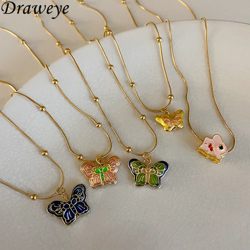 

Ожерелья-бабочки Draweye для женщин, винтажные корейские модные милые ювелирные изделия, простые элегантные ожерелья-Чокеры с бусинами, ожерелье с подвеской