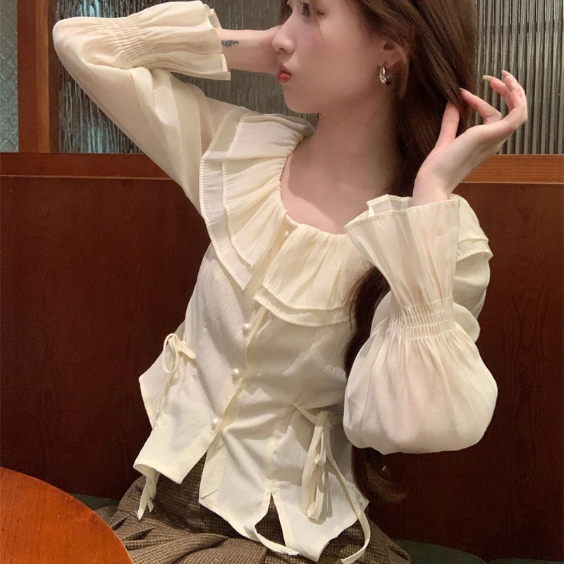 Рубашки и блузки на шнуровке Корейская Осенняя модная женская блузка Топ с