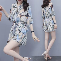 sets women summer new fashion outfits all match print chiffon shirts loose two piece korean style female shorts casual e13