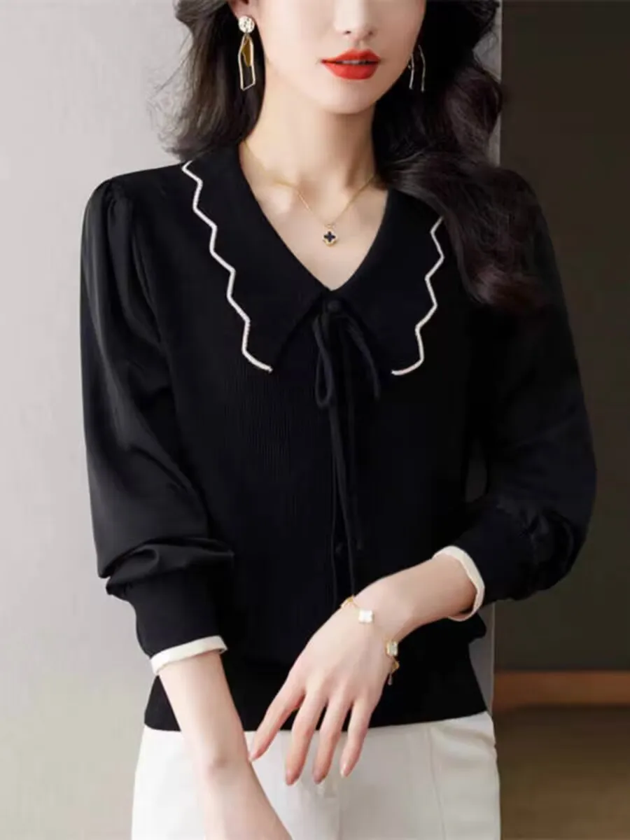 Женская шифоновая рубашка с длинным рукавом осенне-зимний Однотонный пуловер