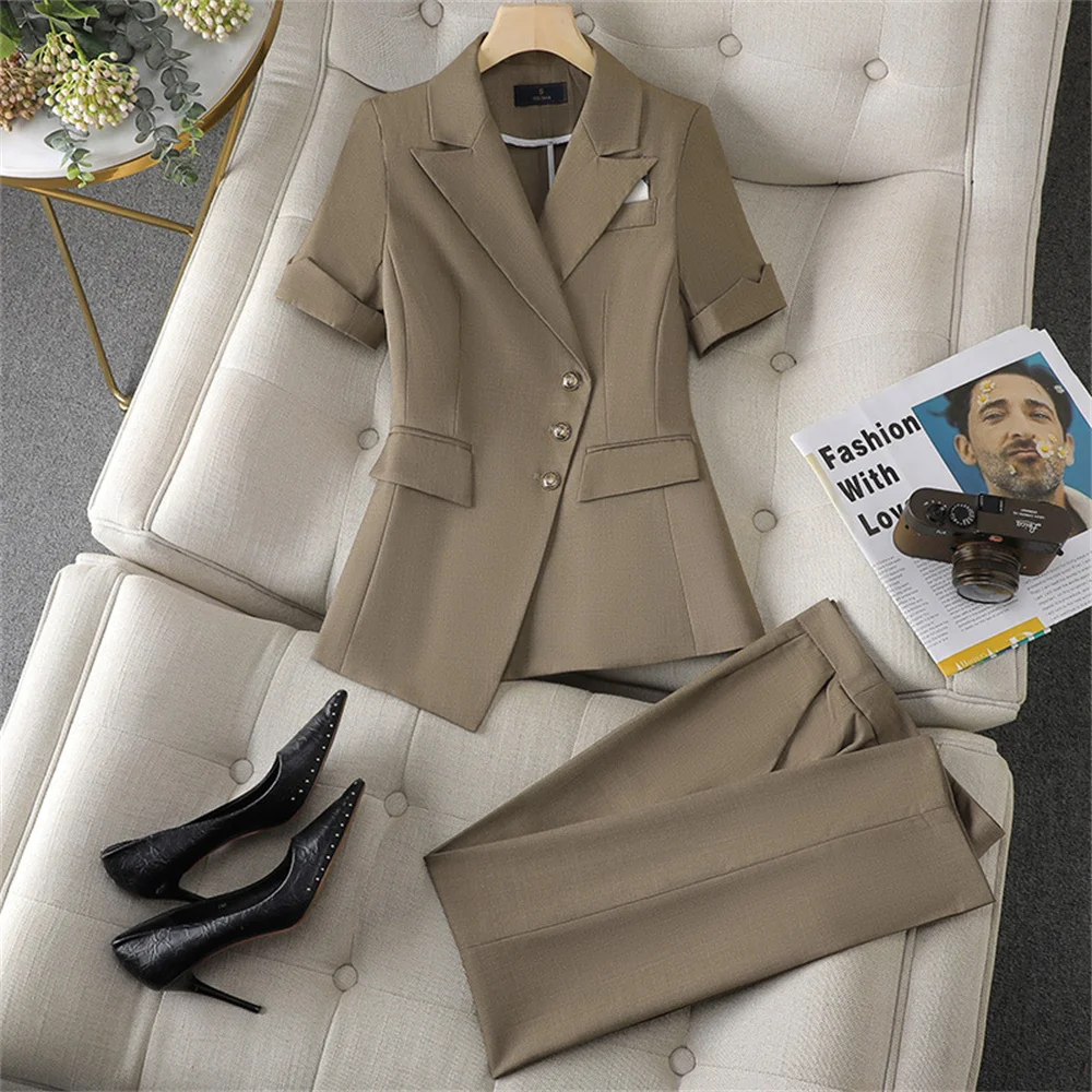 Women's Suits 2023 Summer Short Sleeve Jackets Coat + Pants Two Pieces Set Office Ladies Business Work Wear Formal Trouser Sets