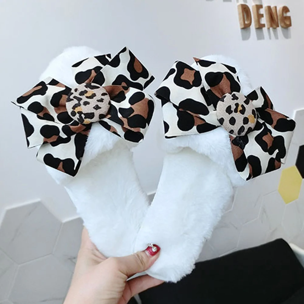 

Women Slippers Winter Shoes For Woman Home Non-slip Cotton Slippers Faux Fur Slippers Leopard Print Bow Decoration Shoes qt500