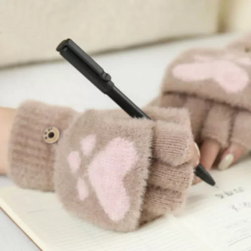 Soft Mink Gloves Cat Claw Fingerless Flip Mittens Winter Warm Wool Gloves Flap Cover Women Students Knitted Mitten Gloves