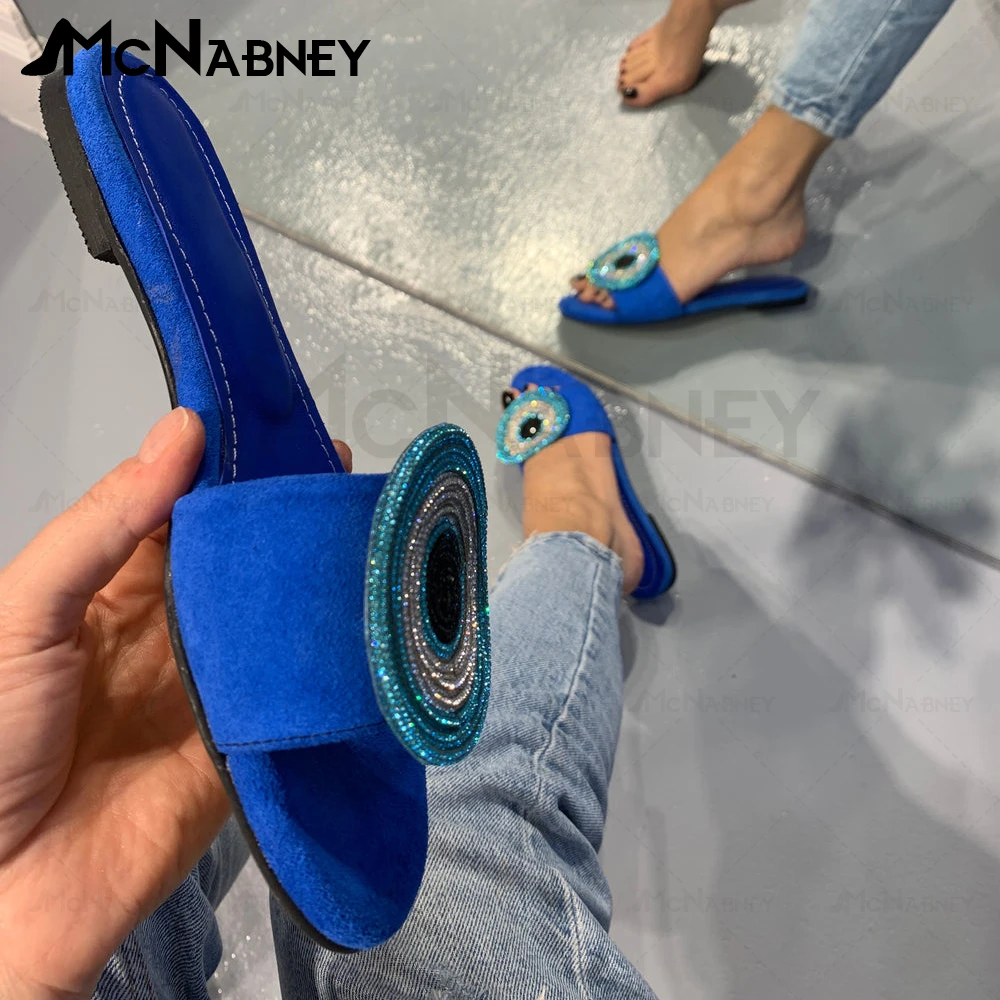 Blue Eyes Rhinestones Suede Slippers Gradient Diamond Flat Slippers Luxurious Bling Bling Summer Shoes for Women Custom Color